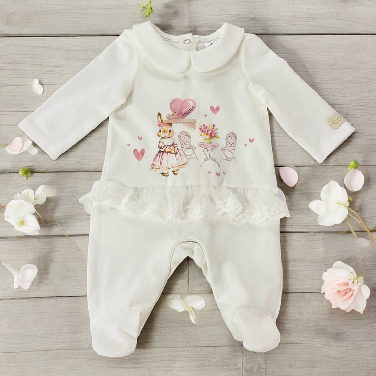 Jamiks Kids Fashion Ivory & Pink Bunny Tea Party Sleepsuit