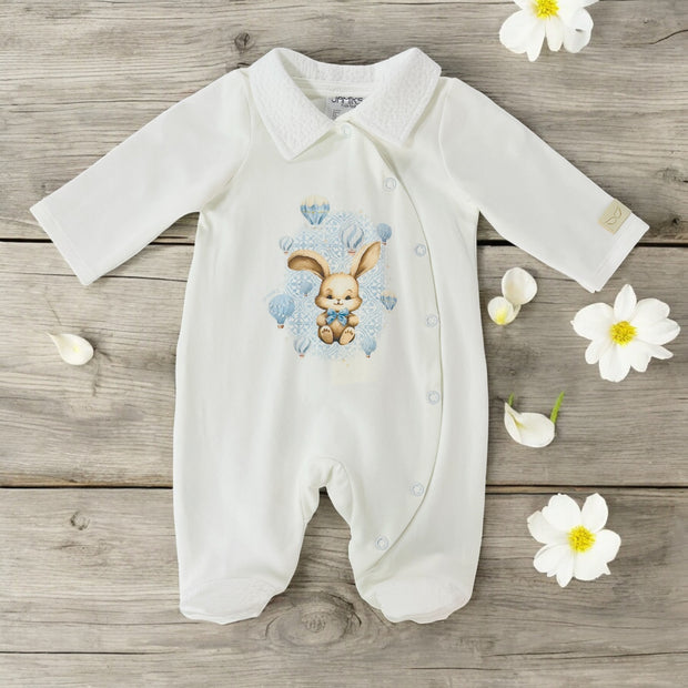 Jamiks Kids Fashion Ivory & Blue Bunny Sleepsuit