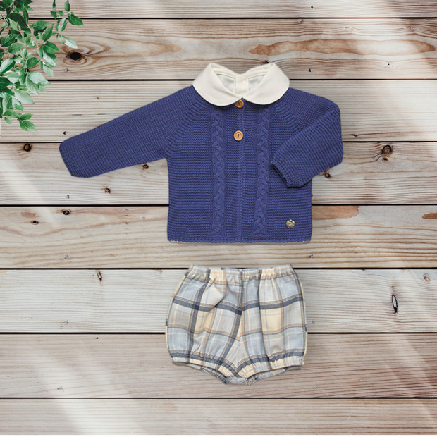 Taupe Checkered Two-Piece Button Set by Mebie Baby 0-3 Months