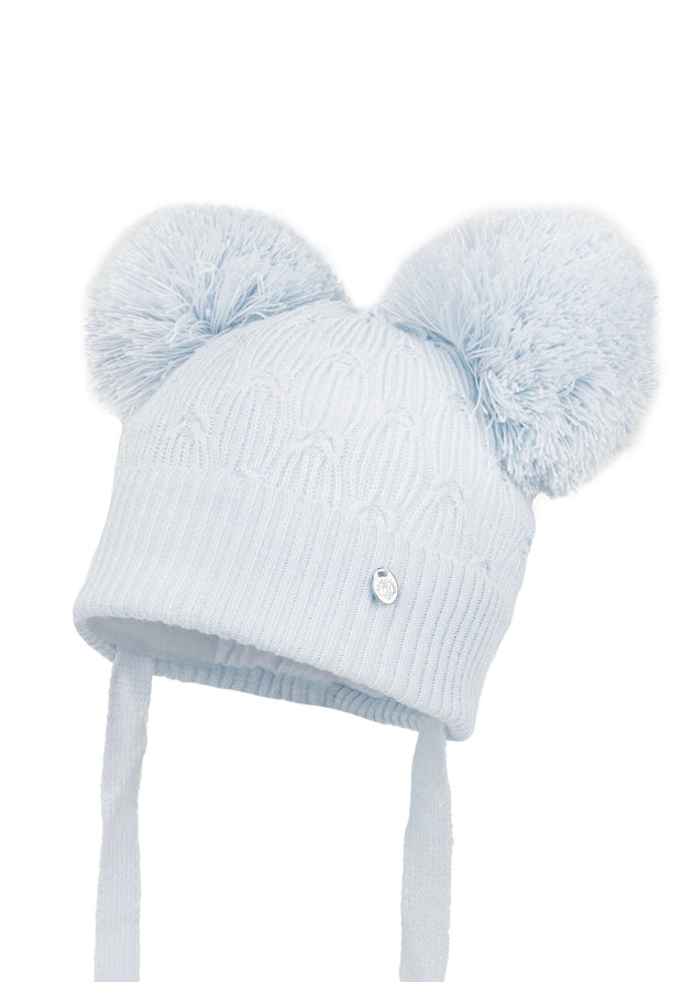 Pale Blue Knitted Double Pom Pom Hat