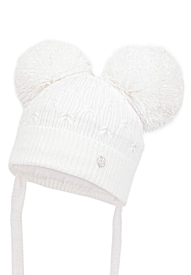 White Knitted Double Pom Pom Hat