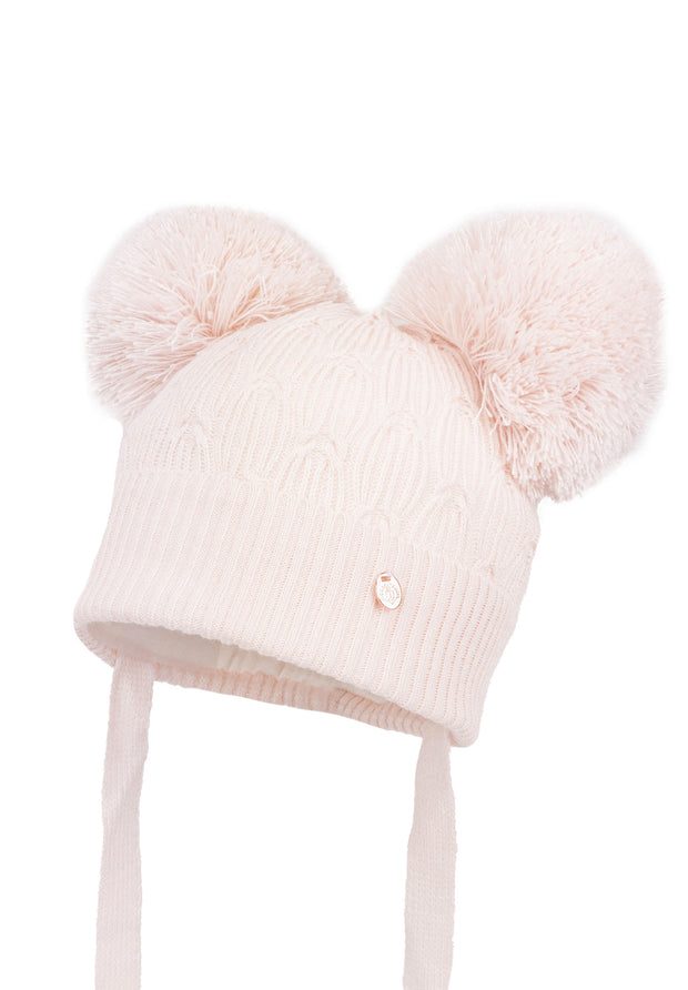 Pale Pink Knitted Double Pom Pom Hat