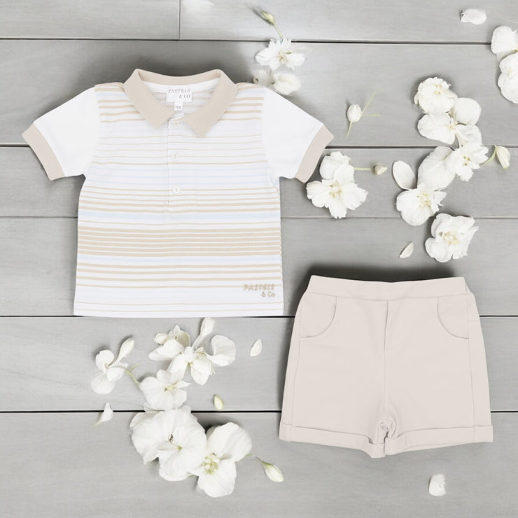 "Illiam" White & Beige Stripe Polo & Short Set