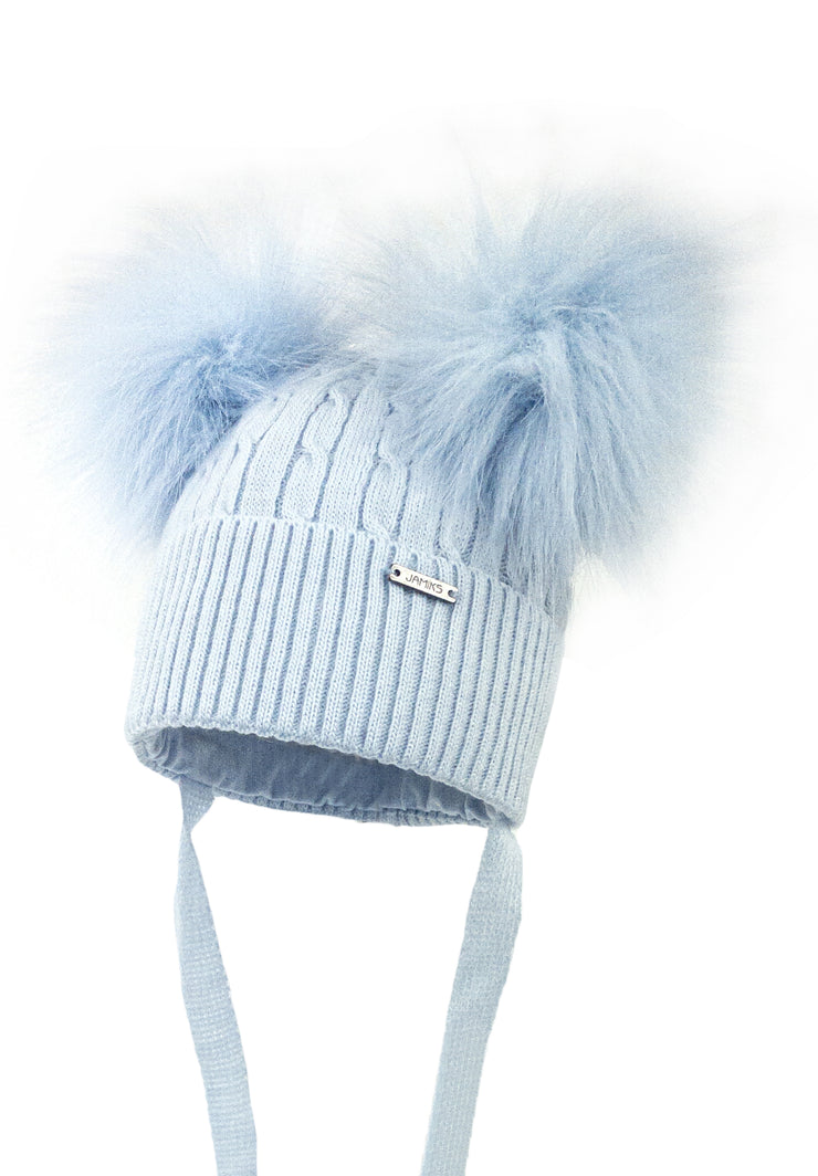 Pale Blue Knitted Double Pom-Pom Hat