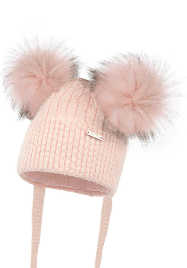 Pale Pink Knitted Double Pom-Pom Hat