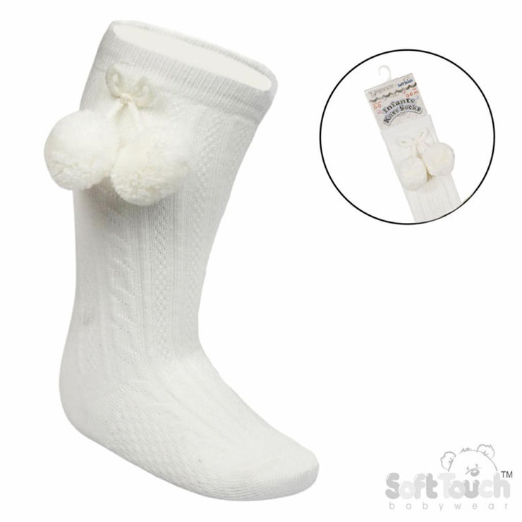 Cream Knee High Pom Pom Socks