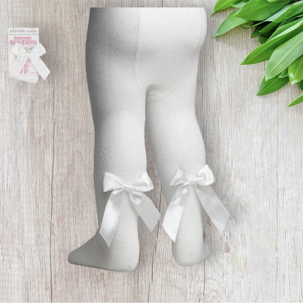 BABY GIRLS BOW TIGHTS WHITE PINK FANCY PATTERNED PARTY OCCASION KIDS TIGHTS  BOWS