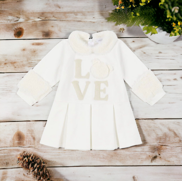 Ivory Faux Fur Pleated Dress