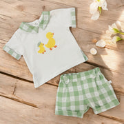 Deolinda White & Green Checks Polo & Shorts Set