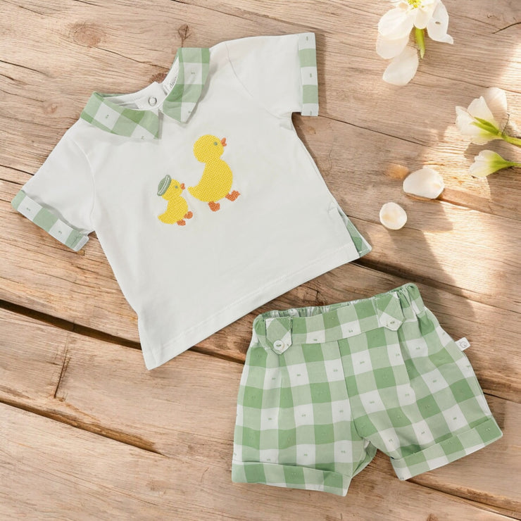 Deolinda White & Green Checks Polo & Shorts Set