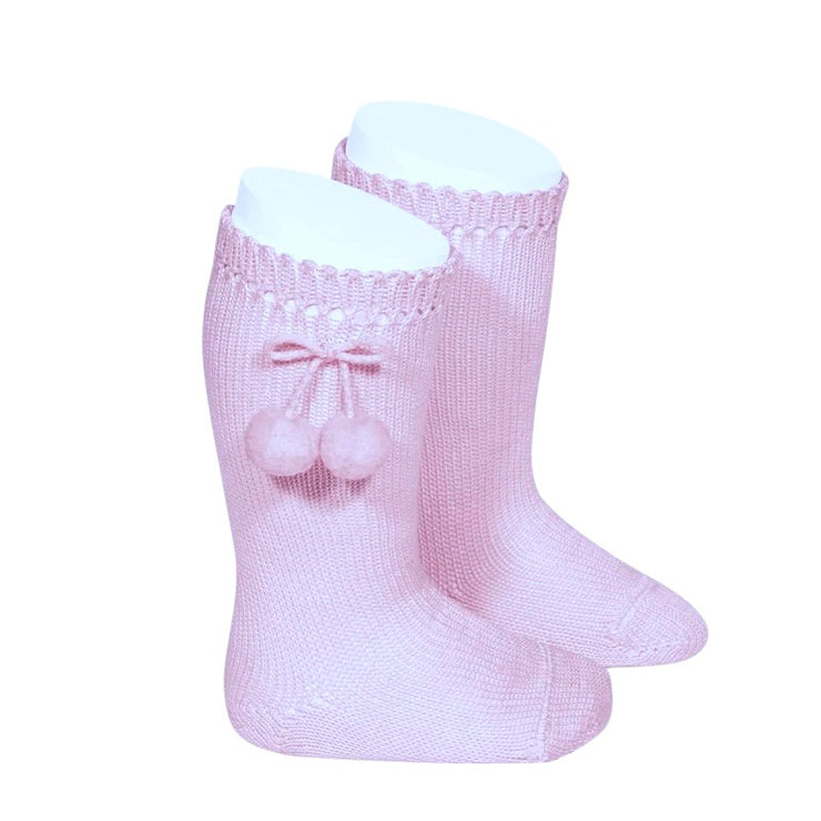 Pink Knee High Pom Pom Socks