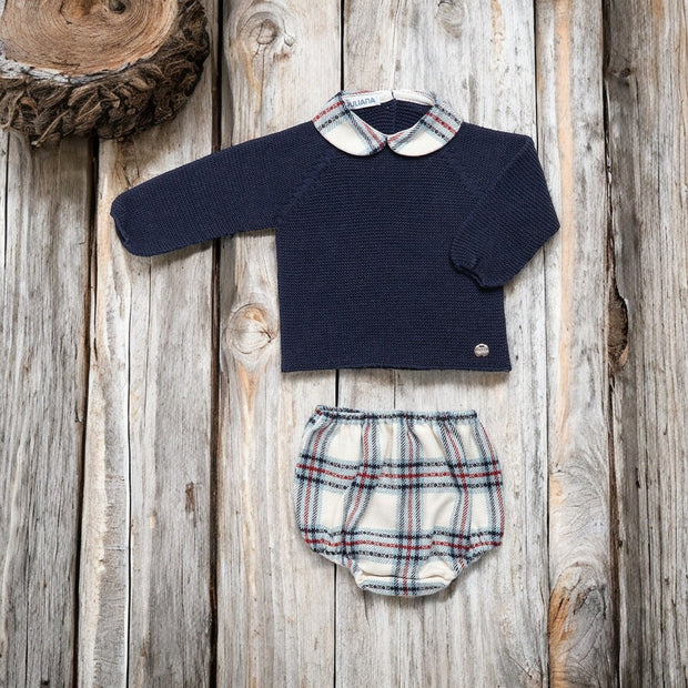 Navy Knitted Top & Tartan Pant Set