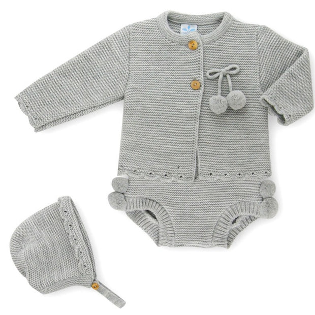 Grey Knitted Pom Pom Top & Jam Pants Set