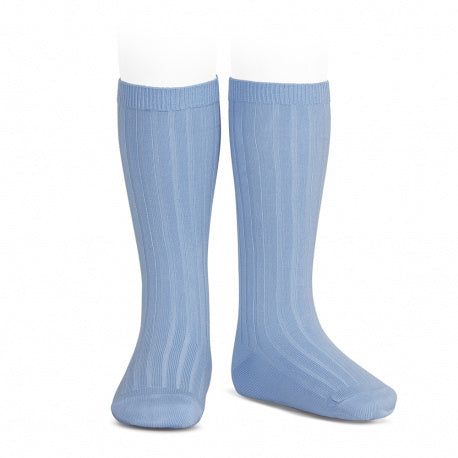 Dusky Blue Wide Ribbed Knee High Spanish Socks