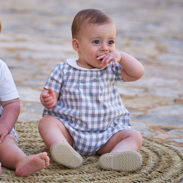 Beige & Blue Check Romper