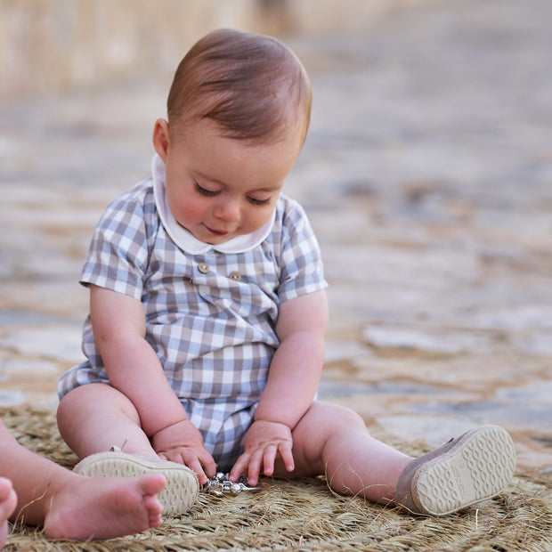 Beige & Blue Check Romper