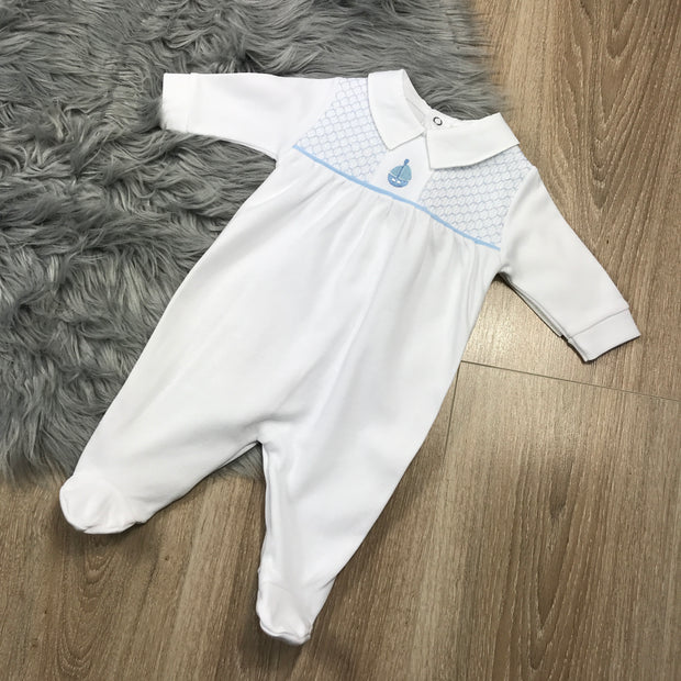 White & Blue Smocked Cotton Sleepsuit