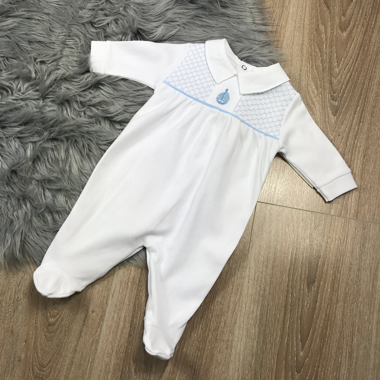 White & Blue Smocked Cotton Sleepsuit