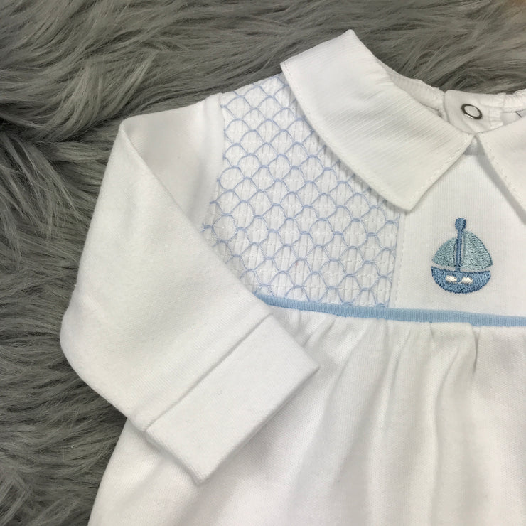 White & Blue Smocked Cotton Sleepsuit Close