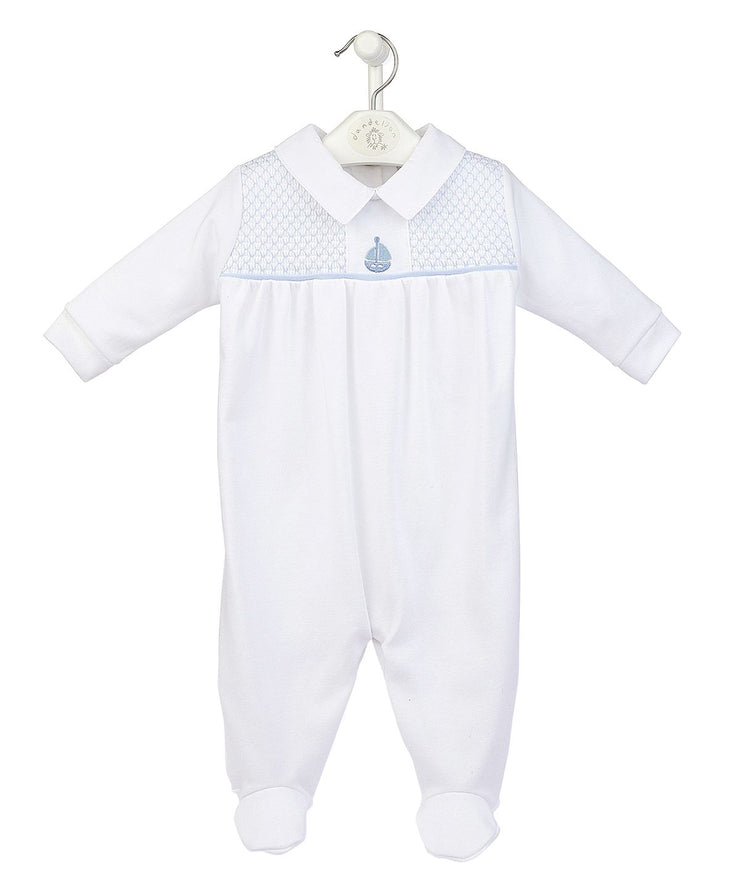 White & Blue Smocked Cotton Sleepsuit