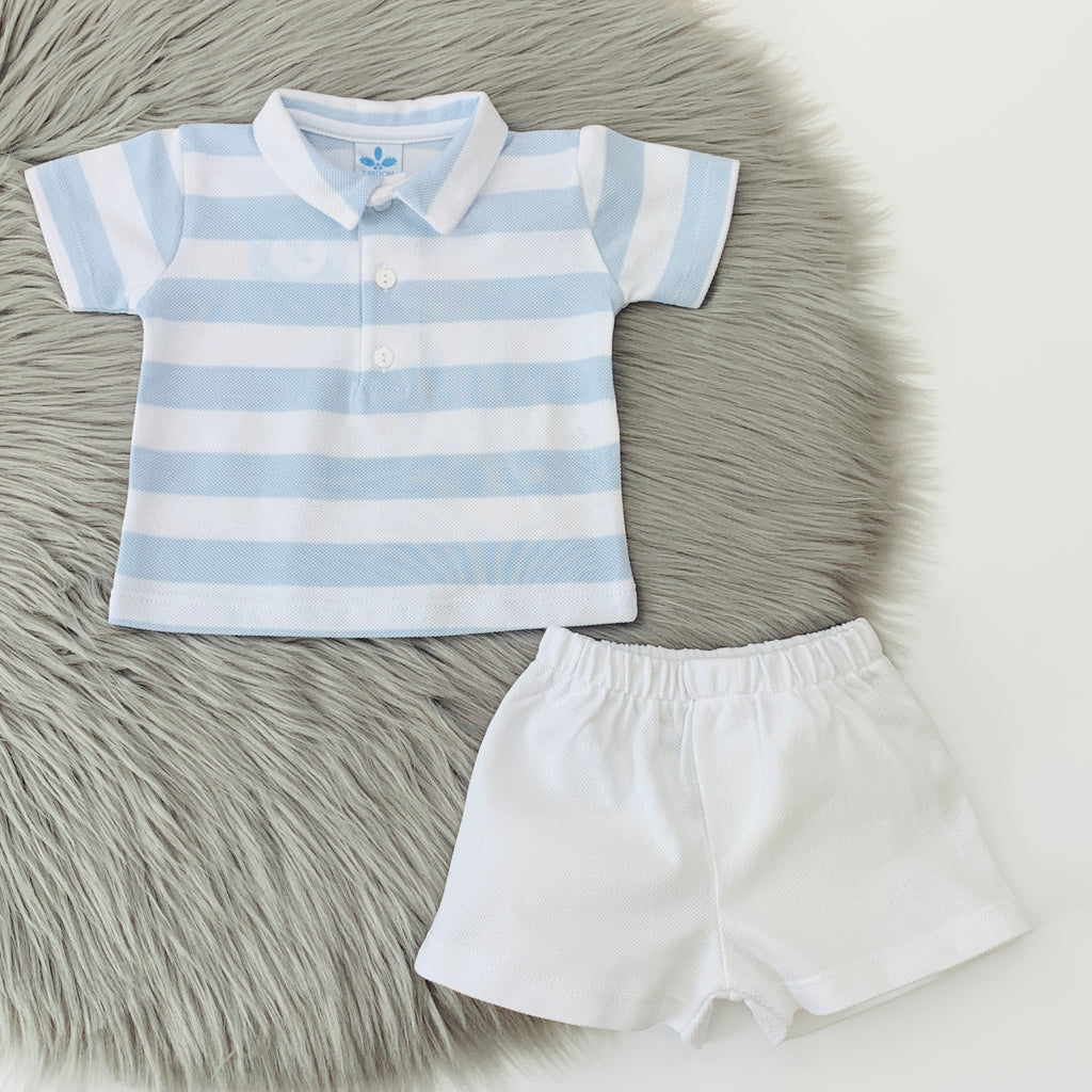 Sardon Blue White Polo Shorts Set Bows Baby Boutique